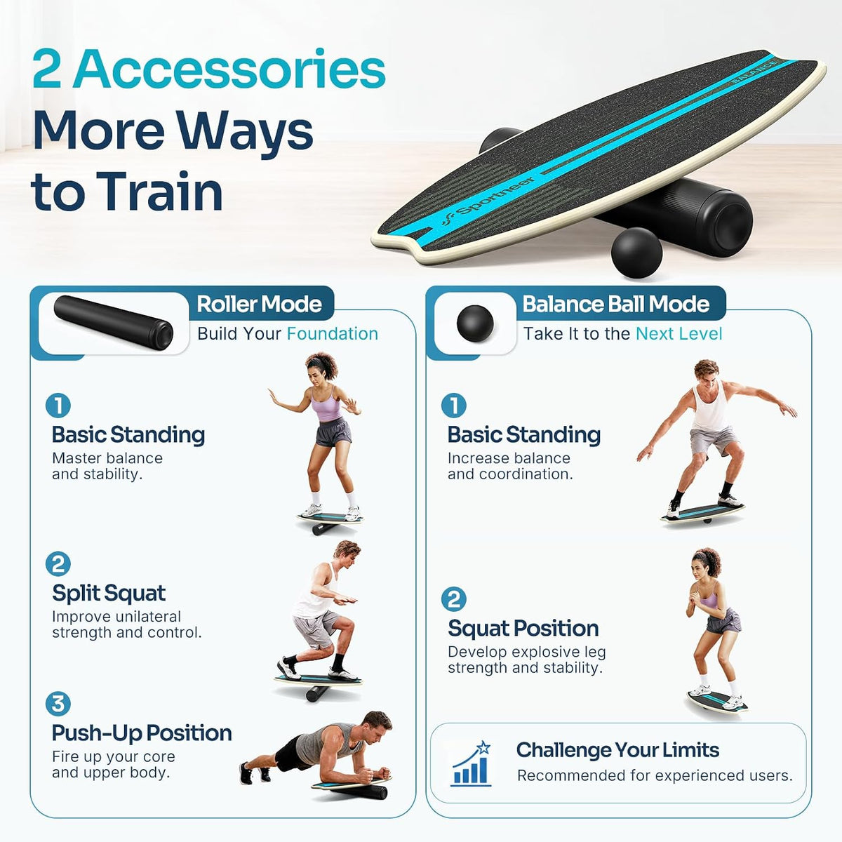 Balance Board - 7 Modes Wobble Board with Adjustable Stoppers - Exercise Balancing Stability Trainer for Improve Balance, Surf Trainer & Physical Therapy - Roller and 2.8'' Ball Included