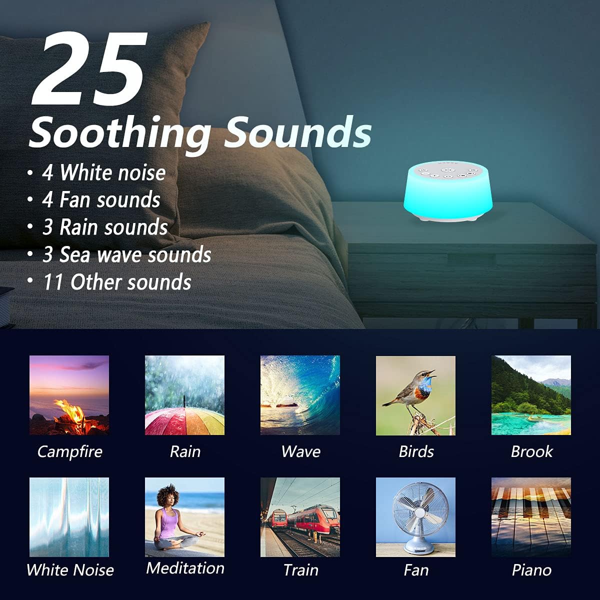 Sound Machines with 10 Colors Night Light 25 Soothing Sounds and Sleep White Noise Machine 32 Volume Levels 5 Timers Adjustable Brightness Memory Function for Adults Kids Baby