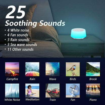 Sound Machines with 10 Colors Night Light 25 Soothing Sounds and Sleep White Noise Machine 32 Volume Levels 5 Timers Adjustable Brightness Memory Function for Adults Kids Baby