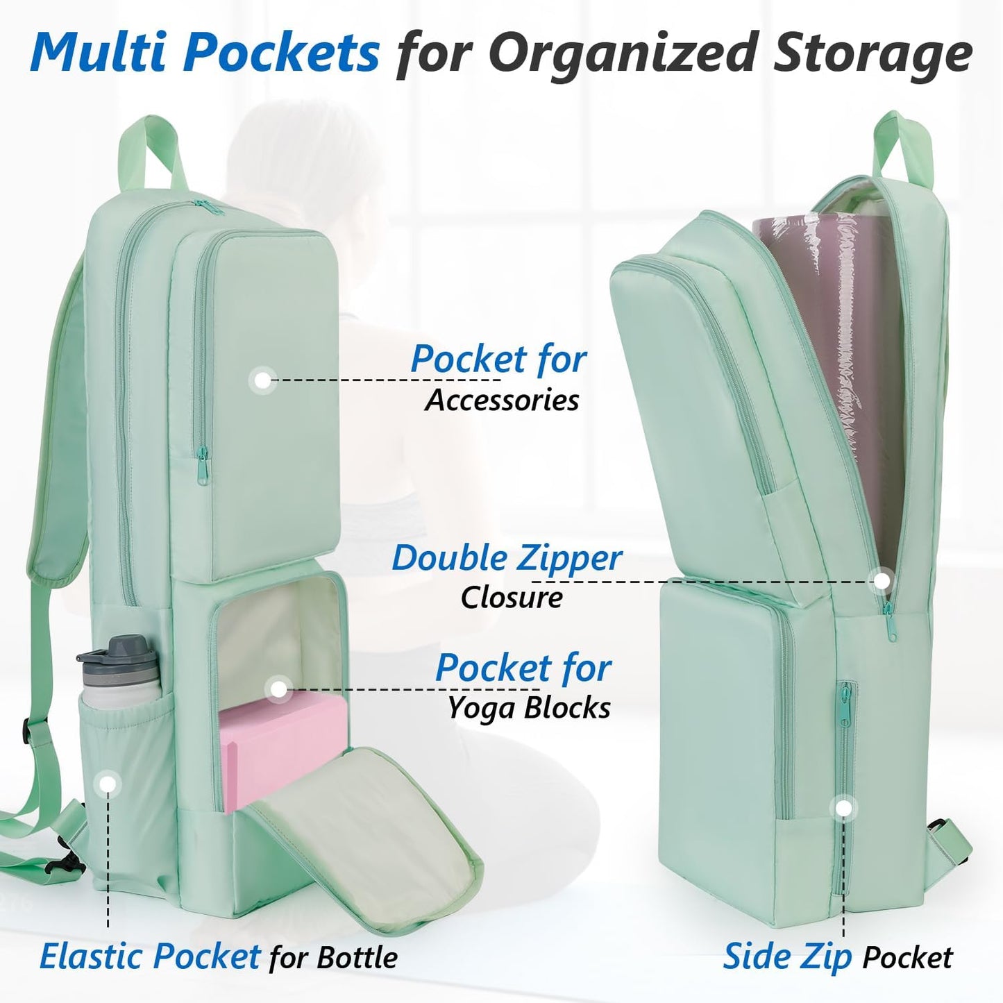 Yoga Mat Bag Carrier Waterproof Yoga Backpack with Multi Pockets, Lightweight Adjustable Yoga Bag for Mat, Yoga Blocks, Yoga Accessories
