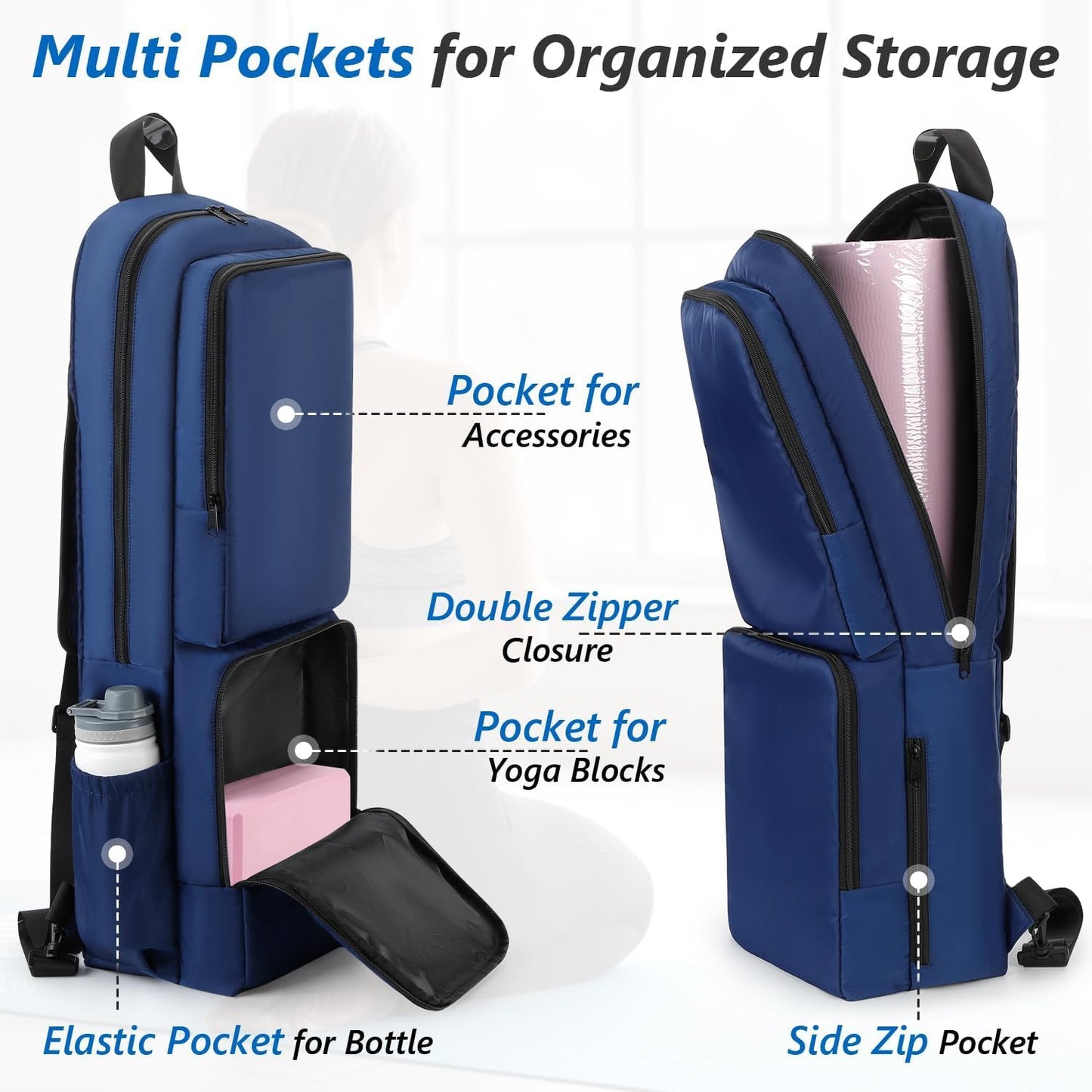 Yoga Mat Bag Carrier Waterproof Yoga Backpack with Multi Pockets, Lightweight Adjustable Yoga Bag for Mat, Yoga Blocks, Yoga Accessories