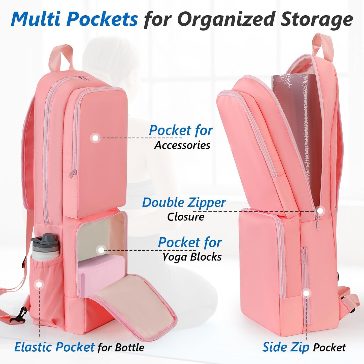 Yoga Mat Bag Carrier Waterproof Yoga Backpack with Multi Pockets, Lightweight Adjustable Yoga Bag for Mat, Yoga Blocks, Yoga Accessories