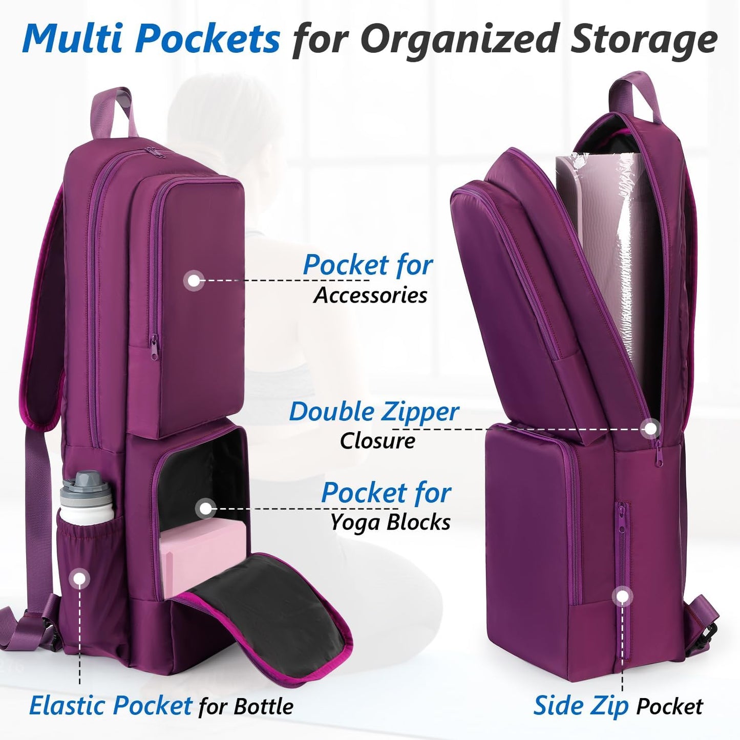 Yoga Mat Bag Carrier Waterproof Yoga Backpack with Multi Pockets, Lightweight Adjustable Yoga Bag for Mat, Yoga Blocks, Yoga Accessories