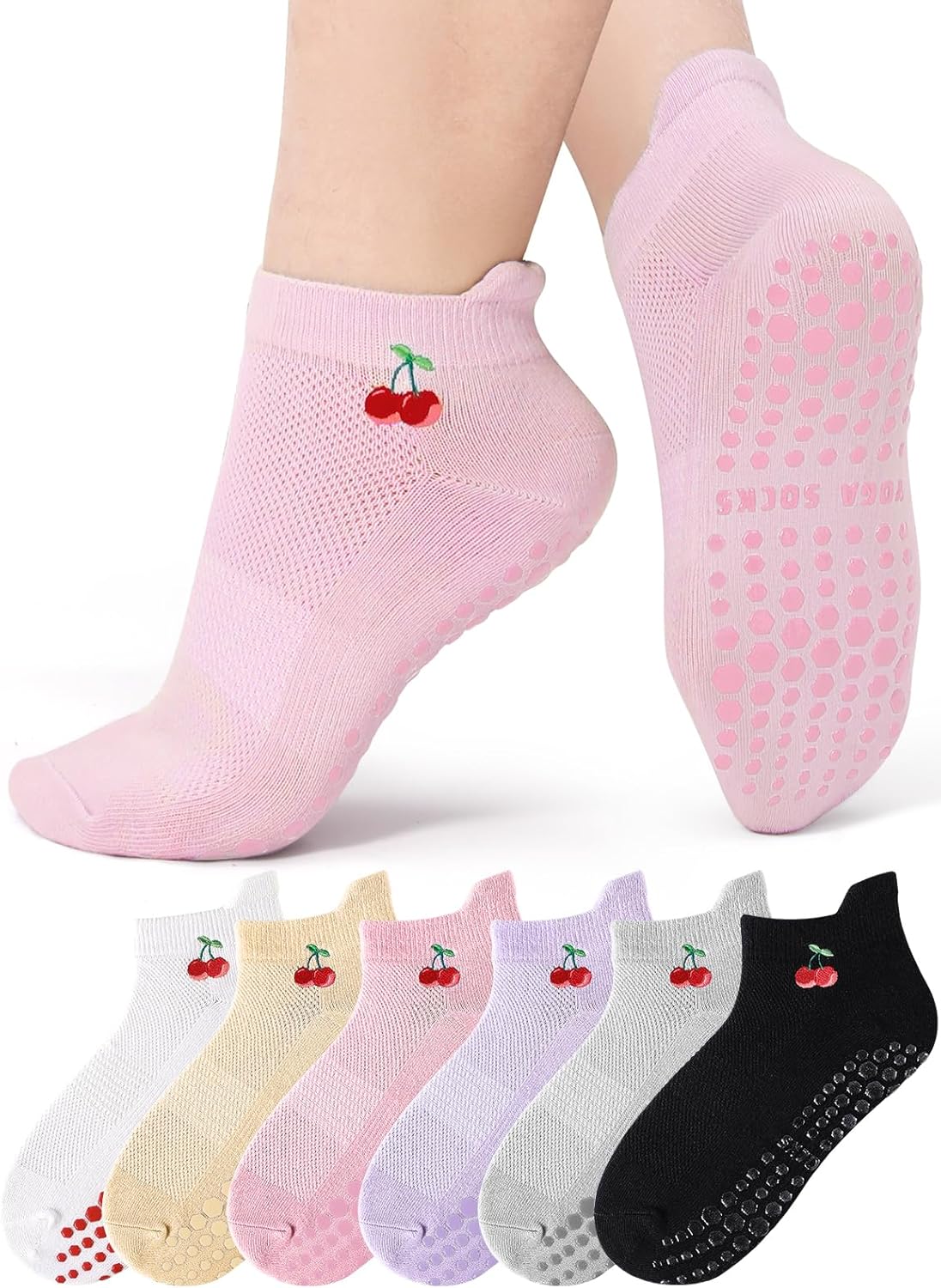 6 Pairs Grip Pilates Socks for Women, Grippy Non Slip Yoga Socks, Cute Cherry Grip Socks for Barre, Hospital, Athletic, Barefoot and Workout