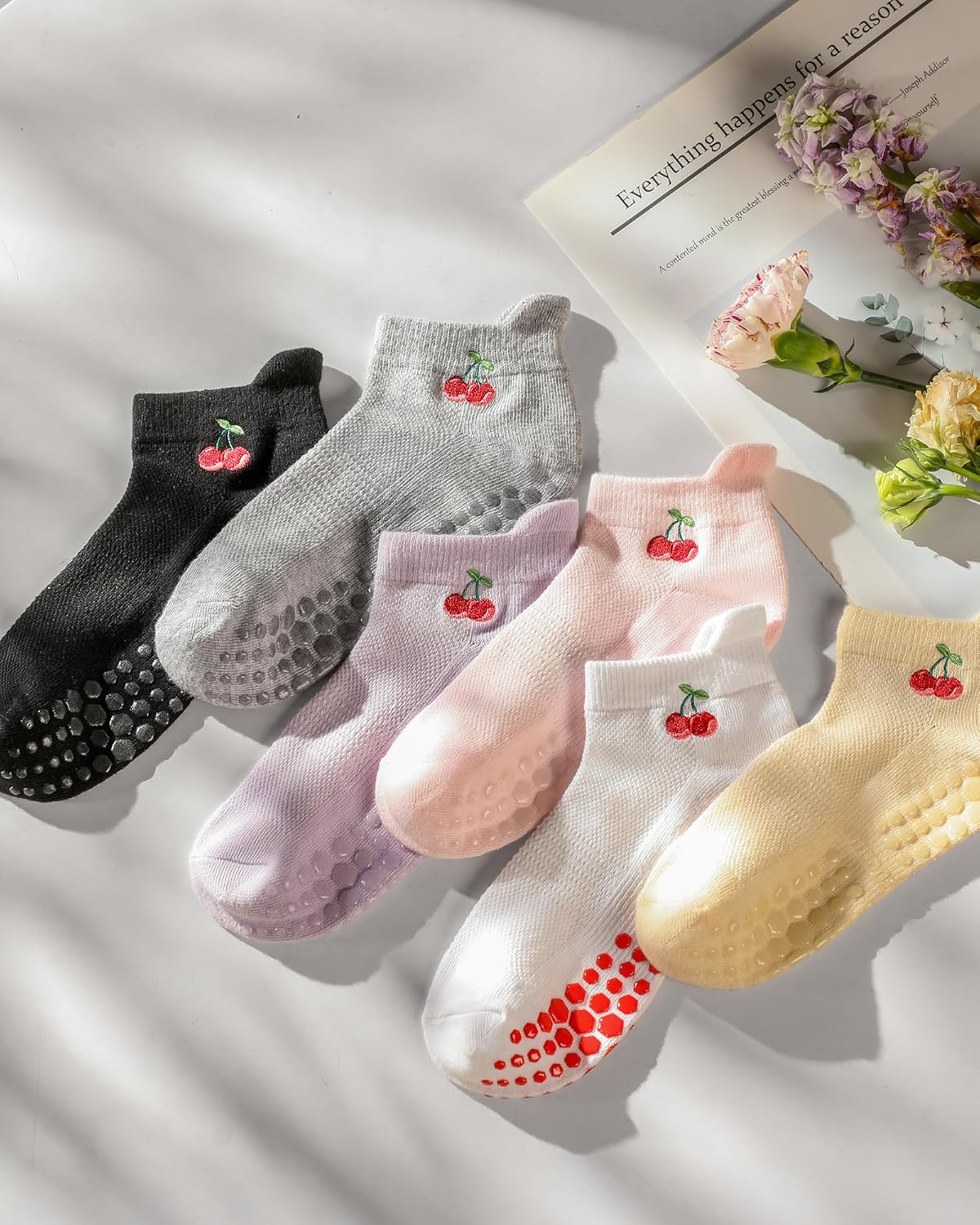 6 Pairs Grip Pilates Socks for Women, Grippy Non Slip Yoga Socks, Cute Cherry Grip Socks for Barre, Hospital, Athletic, Barefoot and Workout