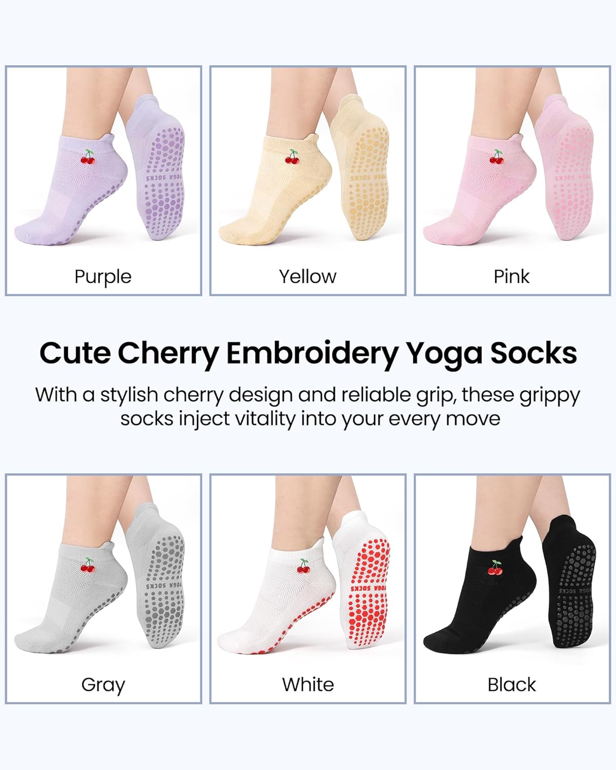 6 Pairs Grip Pilates Socks for Women, Grippy Non Slip Yoga Socks, Cute Cherry Grip Socks for Barre, Hospital, Athletic, Barefoot and Workout