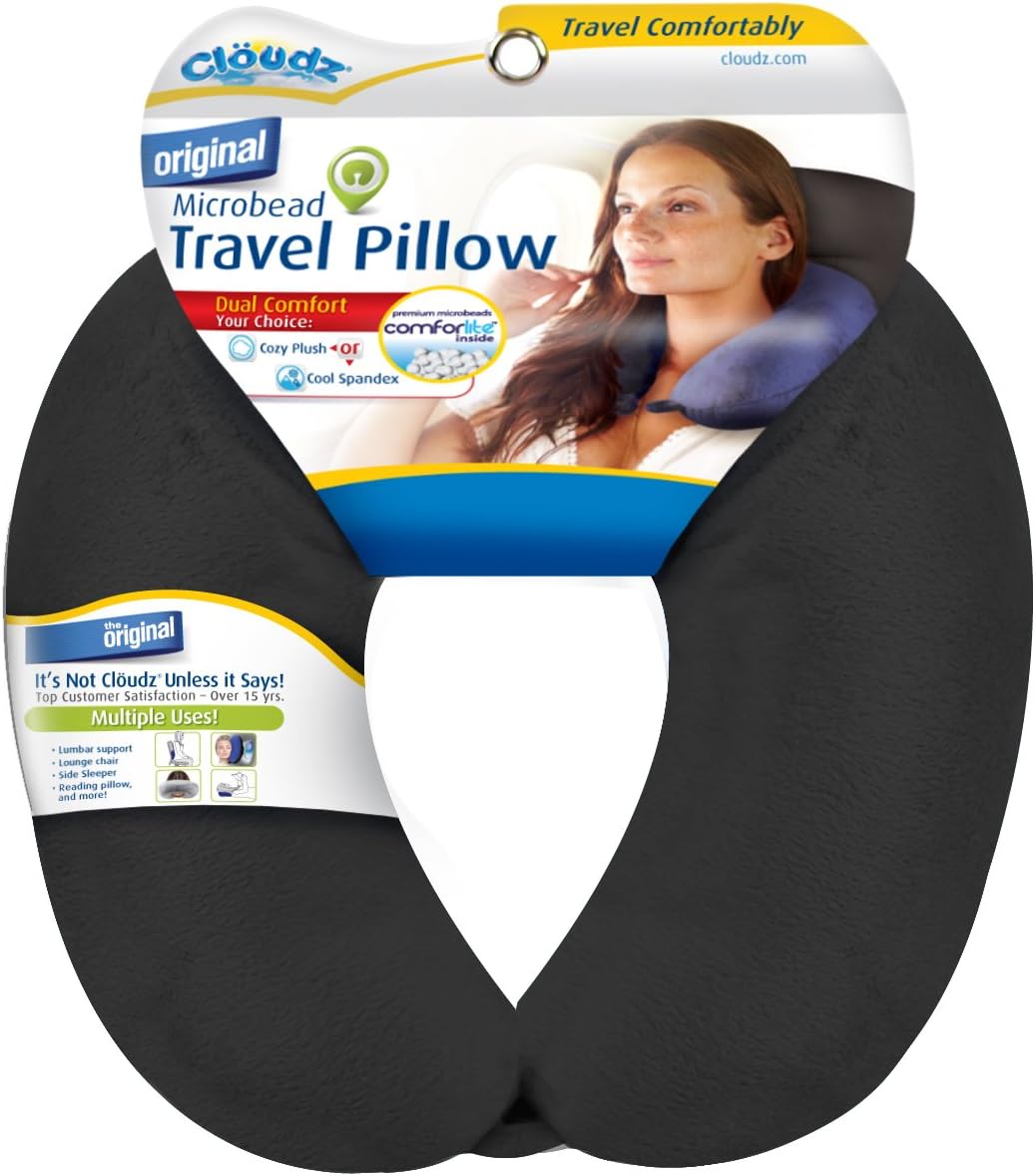 Cloudz Dual Comfort Microbead Airplane Travel Neck Pillow. Super Soft Cozy Plush Fabric on One Side, Cool Relaxing Spandex on the Other! Customize Your Comfort and Support at Home or On the Go!- Blue