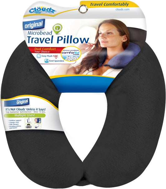 Cloudz Dual Comfort Microbead Airplane Travel Neck Pillow. Super Soft Cozy Plush Fabric on One Side, Cool Relaxing Spandex on the Other! Customize Your Comfort and Support at Home or On the Go!- Blue