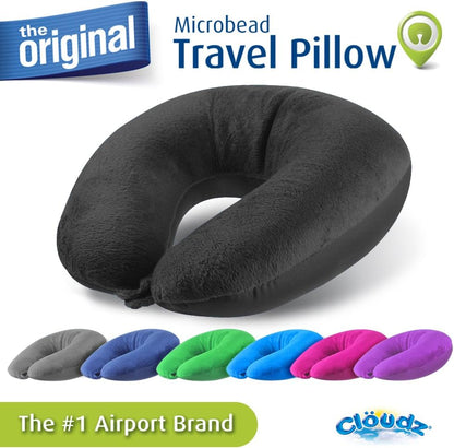 Cloudz Dual Comfort Microbead Airplane Travel Neck Pillow. Super Soft Cozy Plush Fabric on One Side, Cool Relaxing Spandex on the Other! Customize Your Comfort and Support at Home or On the Go!- Blue