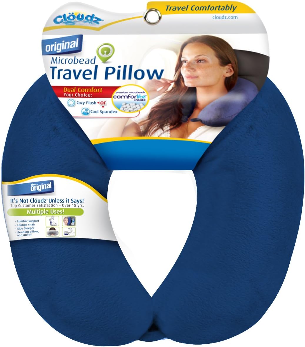 Cloudz Dual Comfort Microbead Airplane Travel Neck Pillow. Super Soft Cozy Plush Fabric on One Side, Cool Relaxing Spandex on the Other! Customize Your Comfort and Support at Home or On the Go!- Blue