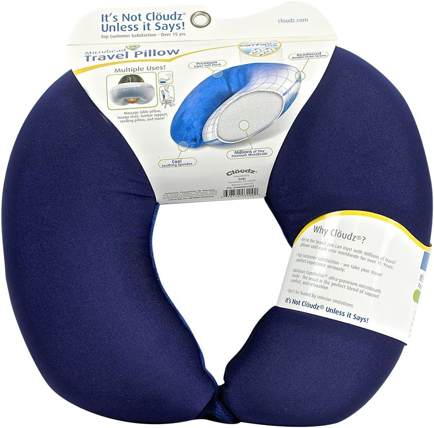 Cloudz Dual Comfort Microbead Airplane Travel Neck Pillow. Super Soft Cozy Plush Fabric on One Side, Cool Relaxing Spandex on the Other! Customize Your Comfort and Support at Home or On the Go!- Blue