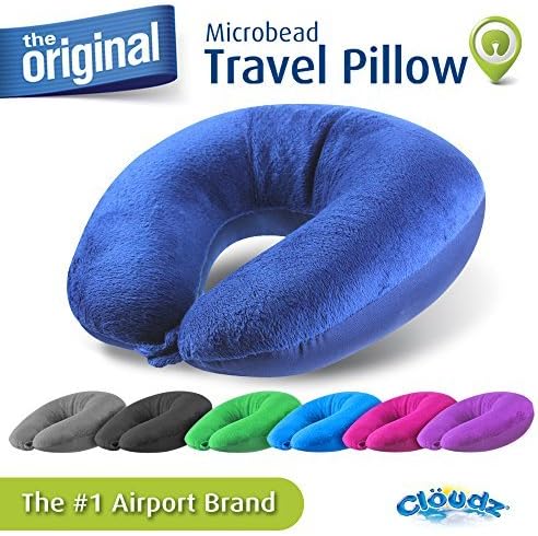 Cloudz Dual Comfort Microbead Airplane Travel Neck Pillow. Super Soft Cozy Plush Fabric on One Side, Cool Relaxing Spandex on the Other! Customize Your Comfort and Support at Home or On the Go!- Blue