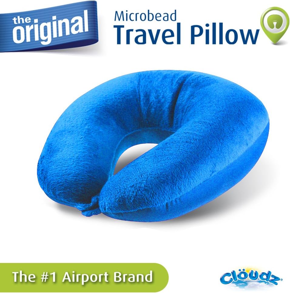 Cloudz Dual Comfort Microbead Airplane Travel Neck Pillow. Super Soft Cozy Plush Fabric on One Side, Cool Relaxing Spandex on the Other! Customize Your Comfort and Support at Home or On the Go!- Blue