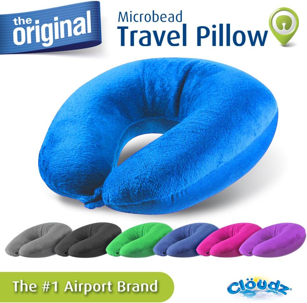 Cloudz Dual Comfort Microbead Airplane Travel Neck Pillow. Super Soft Cozy Plush Fabric on One Side, Cool Relaxing Spandex on the Other! Customize Your Comfort and Support at Home or On the Go!- Blue