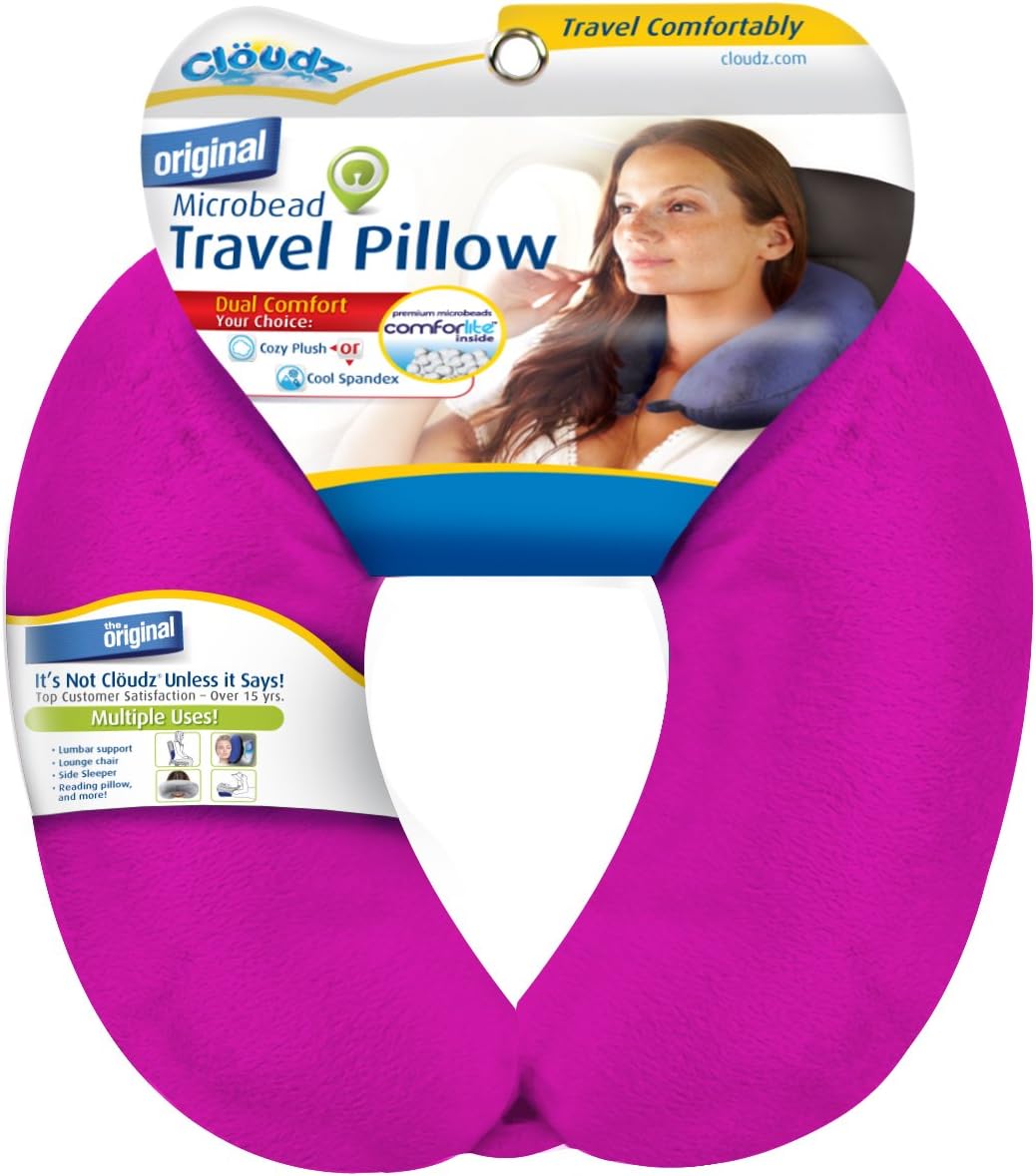 Cloudz Dual Comfort Microbead Airplane Travel Neck Pillow. Super Soft Cozy Plush Fabric on One Side, Cool Relaxing Spandex on the Other! Customize Your Comfort and Support at Home or On the Go!- Blue