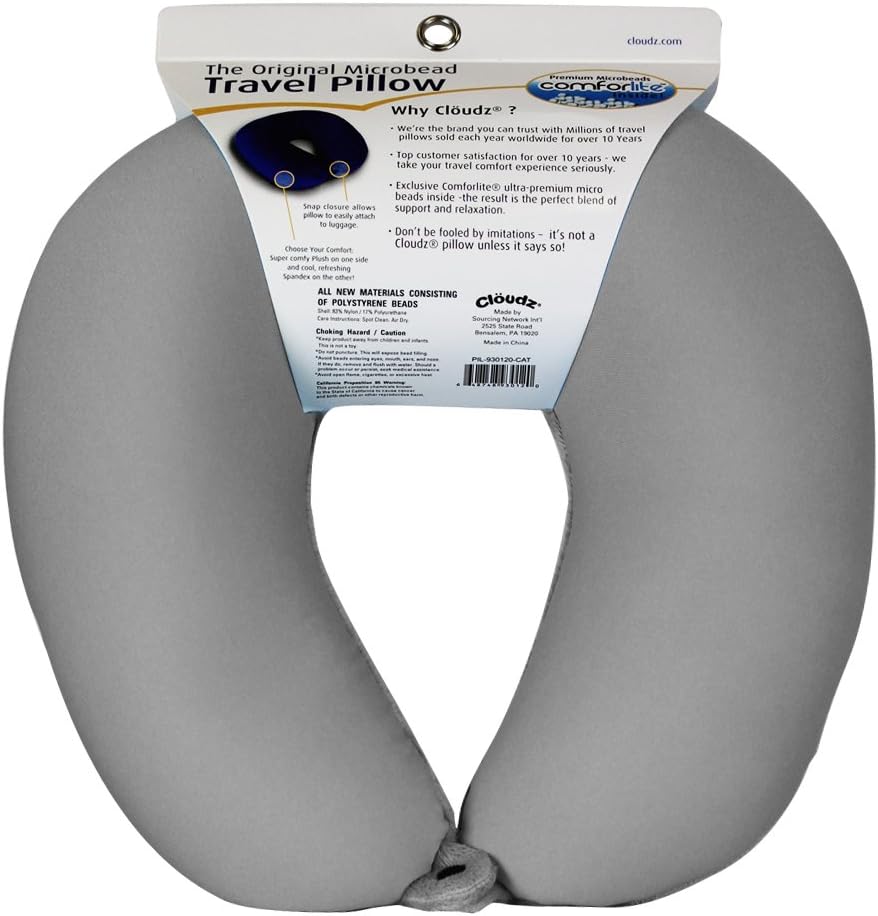 Cloudz Dual Comfort Microbead Airplane Travel Neck Pillow. Super Soft Cozy Plush Fabric on One Side, Cool Relaxing Spandex on the Other! Customize Your Comfort and Support at Home or On the Go!- Blue