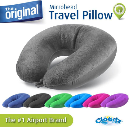 Cloudz Dual Comfort Microbead Airplane Travel Neck Pillow. Super Soft Cozy Plush Fabric on One Side, Cool Relaxing Spandex on the Other! Customize Your Comfort and Support at Home or On the Go!- Blue