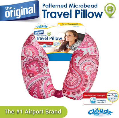 Cloudz Dual Comfort Microbead Airplane Travel Neck Pillow. Super Soft Cozy Plush Fabric on One Side, Cool Relaxing Spandex on the Other! Customize Your Comfort and Support at Home or On the Go!- Blue