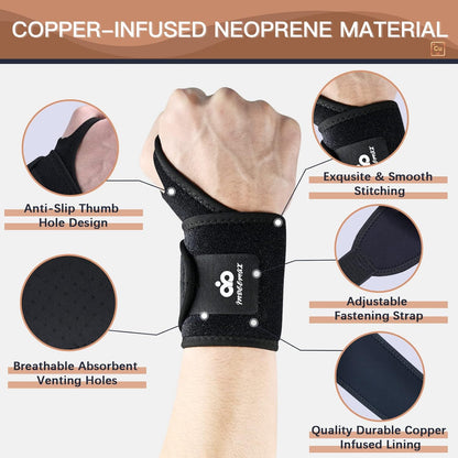2 Pack Copper Wrist Brace Support for Carpal Tunnel, Pain Relief, Arthritis, Tendonitis, Adjustable Wrist Braces Compression Wraps Both Hands, Fit for Men and Women, Pink