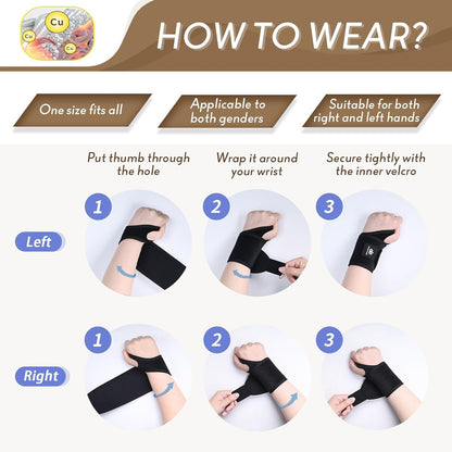 2 Pack Copper Wrist Brace Support for Carpal Tunnel, Pain Relief, Arthritis, Tendonitis, Adjustable Wrist Braces Compression Wraps Both Hands, Fit for Men and Women, Pink