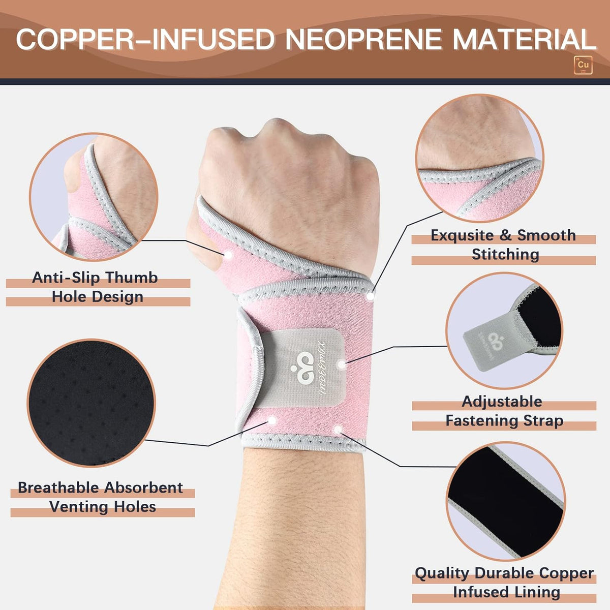 2 Pack Copper Wrist Brace Support for Carpal Tunnel, Pain Relief, Arthritis, Tendonitis, Adjustable Wrist Braces Compression Wraps Both Hands, Fit for Men and Women, Pink
