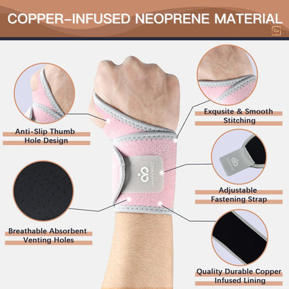 2 Pack Copper Wrist Brace Support for Carpal Tunnel, Pain Relief, Arthritis, Tendonitis, Adjustable Wrist Braces Compression Wraps Both Hands, Fit for Men and Women, Pink
