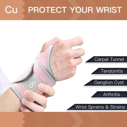 2 Pack Copper Wrist Brace Support for Carpal Tunnel, Pain Relief, Arthritis, Tendonitis, Adjustable Wrist Braces Compression Wraps Both Hands, Fit for Men and Women, Pink