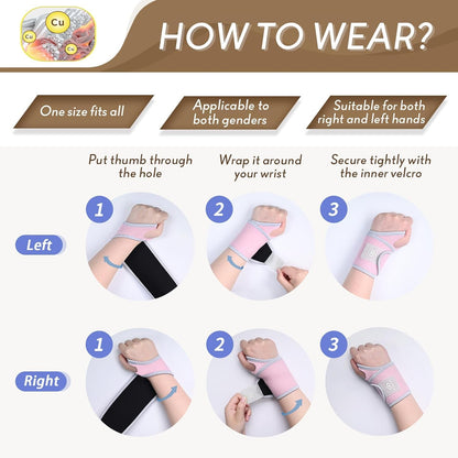 2 Pack Copper Wrist Brace Support for Carpal Tunnel, Pain Relief, Arthritis, Tendonitis, Adjustable Wrist Braces Compression Wraps Both Hands, Fit for Men and Women, Pink