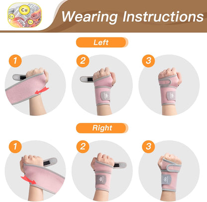 2 Pack Copper Wrist Brace Support for Carpal Tunnel, Pain Relief, Arthritis, Tendonitis, Adjustable Wrist Braces Compression Wraps Both Hands, Fit for Men and Women, Pink