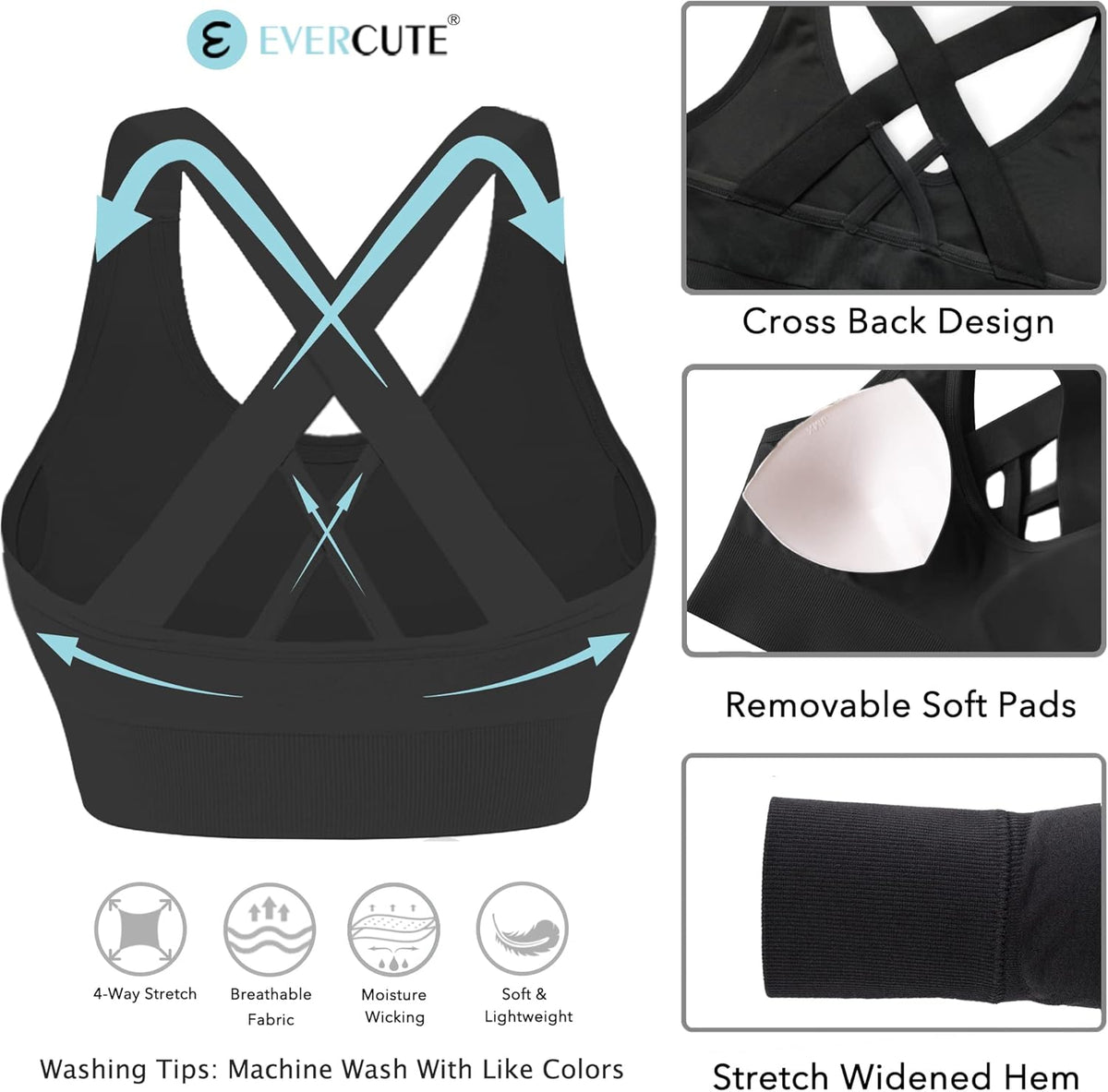 Evercute Sports Bras for Women Padded Medium Support Criss Cross Strappy Bra Seamless High Impact Yoga Exercise Athletic Bras