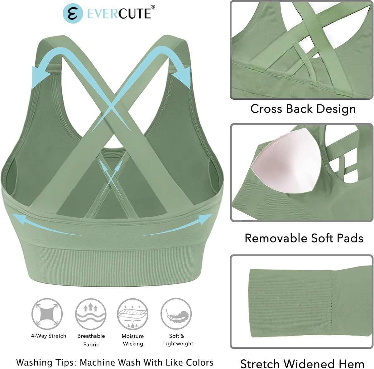 Evercute Sports Bras for Women Padded Medium Support Criss Cross Strappy Bra Seamless High Impact Yoga Exercise Athletic Bras