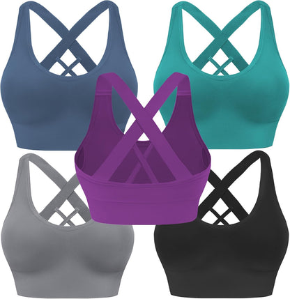 Evercute Sports Bras for Women Padded Medium Support Criss Cross Strappy Bra Seamless High Impact Yoga Exercise Athletic Bras