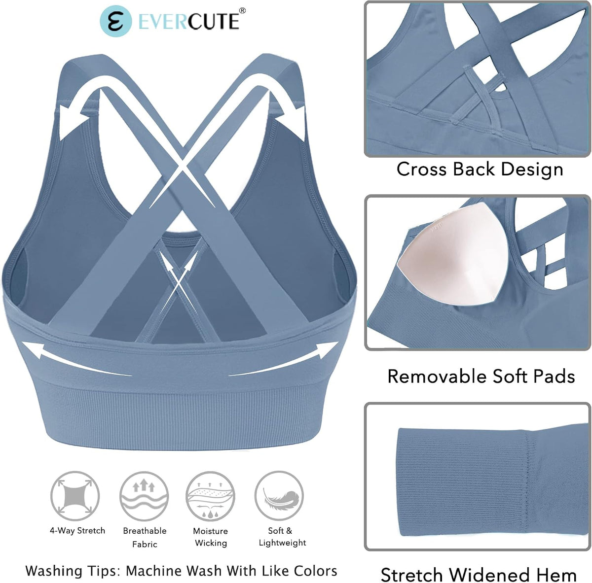 Evercute Sports Bras for Women Padded Medium Support Criss Cross Strappy Bra Seamless High Impact Yoga Exercise Athletic Bras