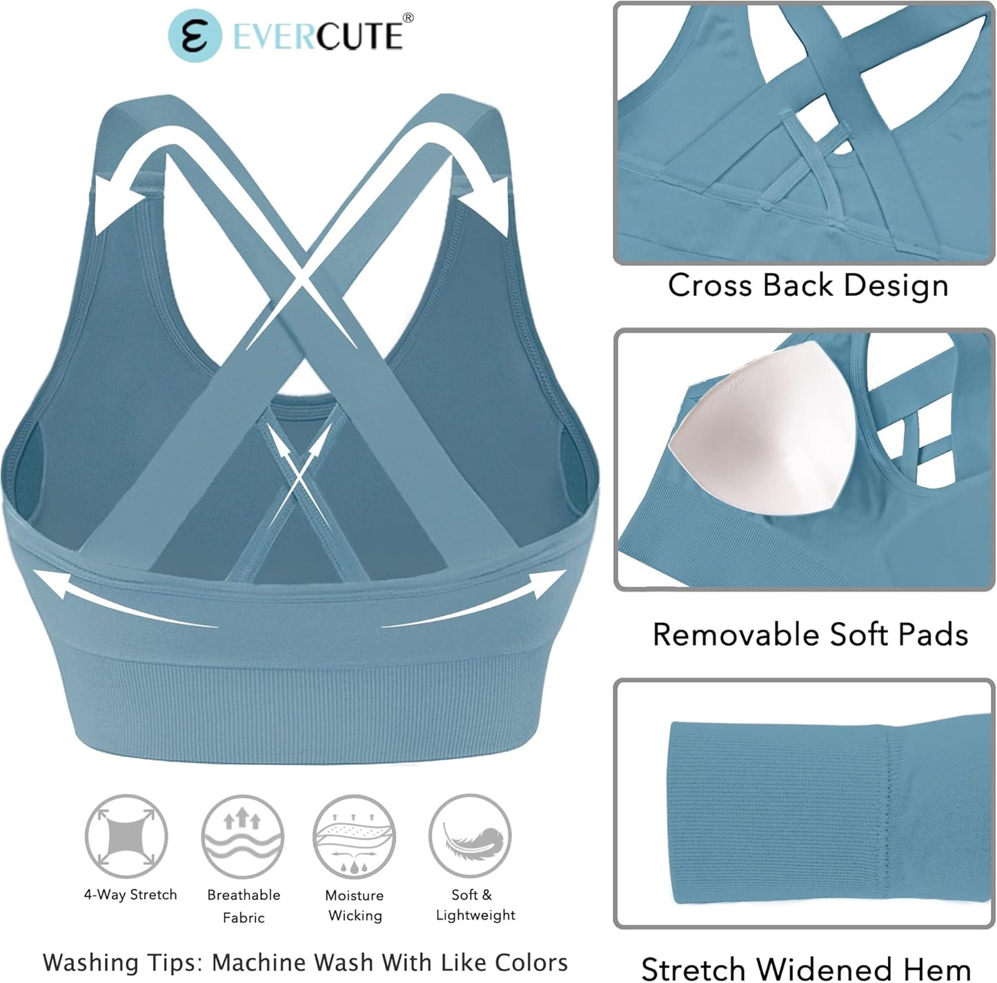 Evercute Sports Bras for Women Padded Medium Support Criss Cross Strappy Bra Seamless High Impact Yoga Exercise Athletic Bras