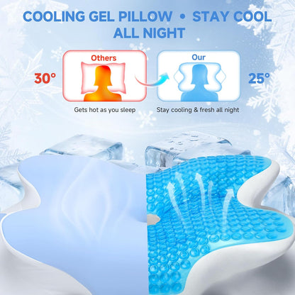 2026 New Cooling Memory Foam Pillow with Ice Silk Cover, Ergonomic Cervical Neck Support Pillow for Pain Relief, Nature Cooling Gel Pillow for Hot Sleepers Night Sweats, Side Sleeper Pillow (Blue)