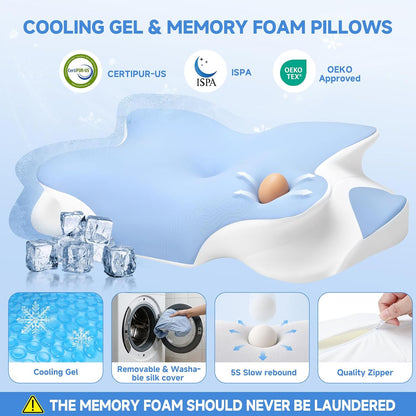 2026 New Cooling Memory Foam Pillow with Ice Silk Cover, Ergonomic Cervical Neck Support Pillow for Pain Relief, Nature Cooling Gel Pillow for Hot Sleepers Night Sweats, Side Sleeper Pillow (Blue)
