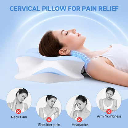 2026 New Cooling Memory Foam Pillow with Ice Silk Cover, Ergonomic Cervical Neck Support Pillow for Pain Relief, Nature Cooling Gel Pillow for Hot Sleepers Night Sweats, Side Sleeper Pillow (Blue)