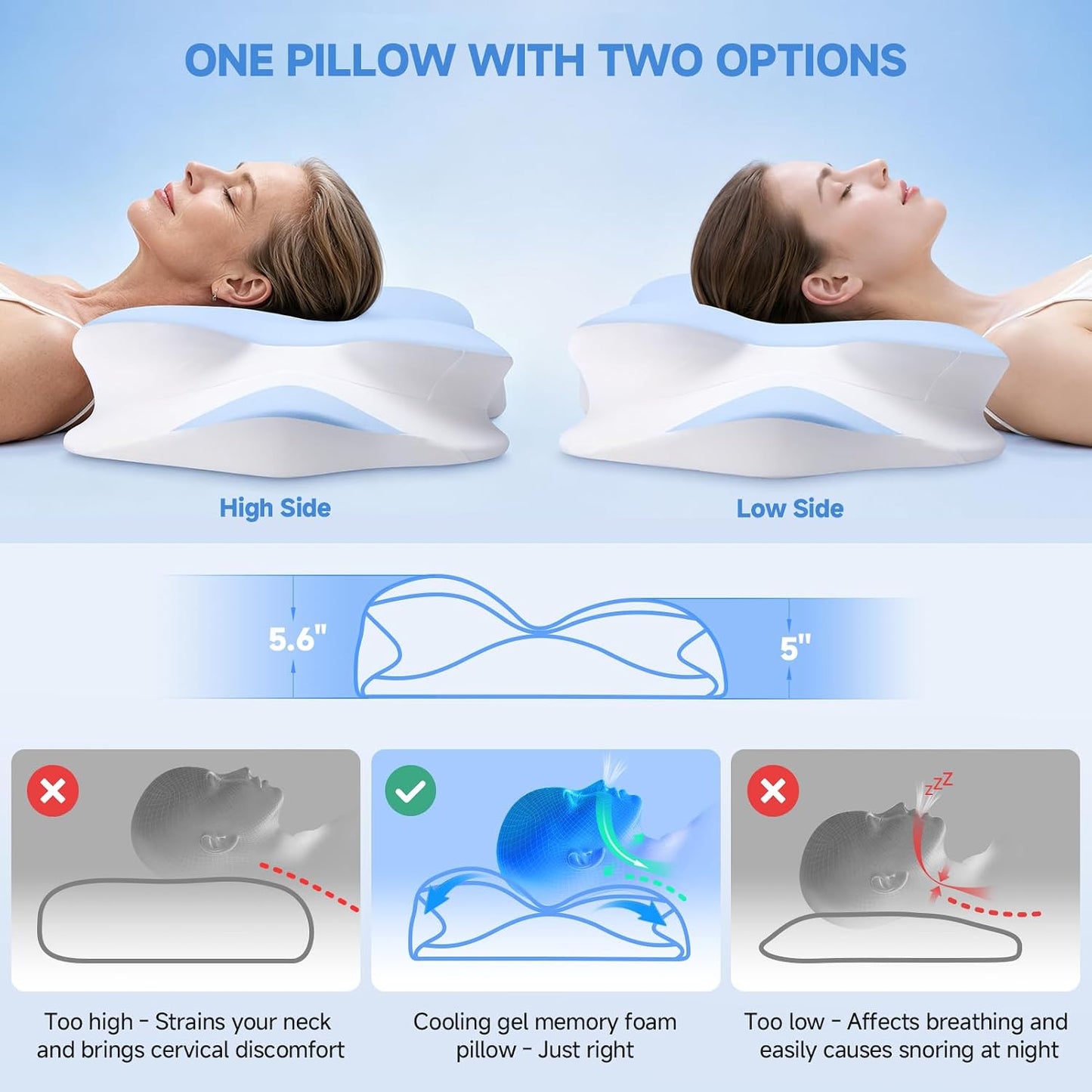 2026 New Cooling Memory Foam Pillow with Ice Silk Cover, Ergonomic Cervical Neck Support Pillow for Pain Relief, Nature Cooling Gel Pillow for Hot Sleepers Night Sweats, Side Sleeper Pillow (Blue)