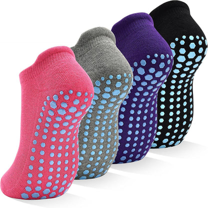 Grips Non Slip Socks for Women, 4 Pairs Yoga Pilates Anti Skid Woman Hospital Gripper Socks (5-12)