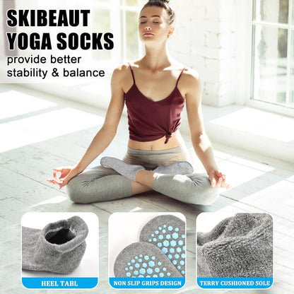 Grips Non Slip Socks for Women, 4 Pairs Yoga Pilates Anti Skid Woman Hospital Gripper Socks (5-12)