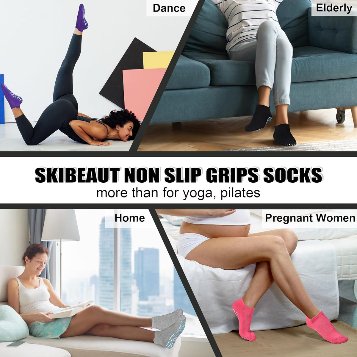 Grips Non Slip Socks for Women, 4 Pairs Yoga Pilates Anti Skid Woman Hospital Gripper Socks (5-12)