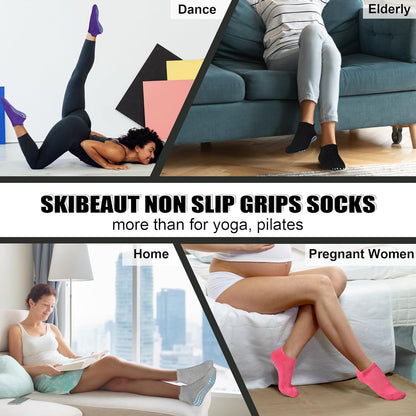 Grips Non Slip Socks for Women, 4 Pairs Yoga Pilates Anti Skid Woman Hospital Gripper Socks (5-12)