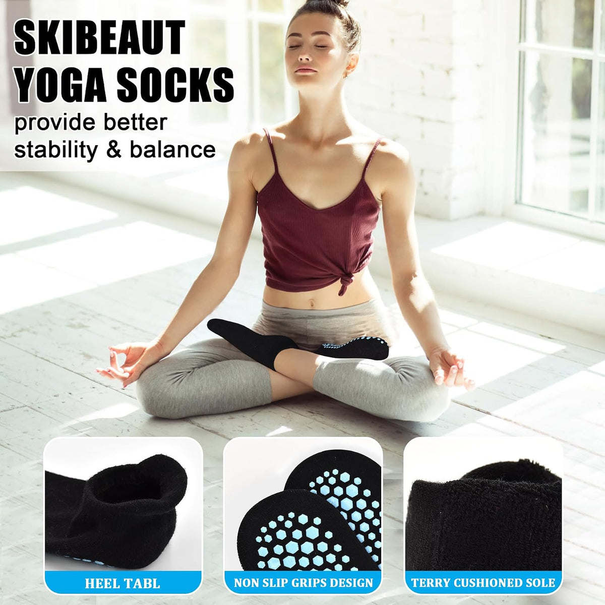 Grips Non Slip Socks for Women, 4 Pairs Yoga Pilates Anti Skid Woman Hospital Gripper Socks (5-12)