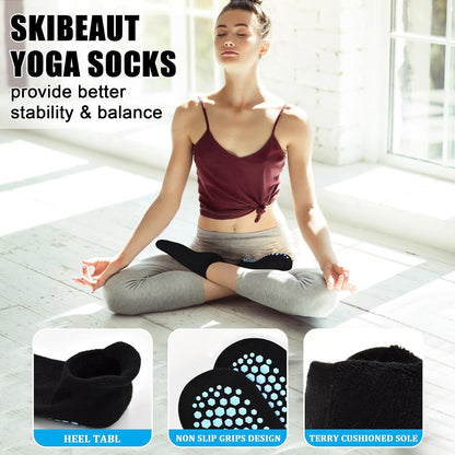 Grips Non Slip Socks for Women, 4 Pairs Yoga Pilates Anti Skid Woman Hospital Gripper Socks (5-12)