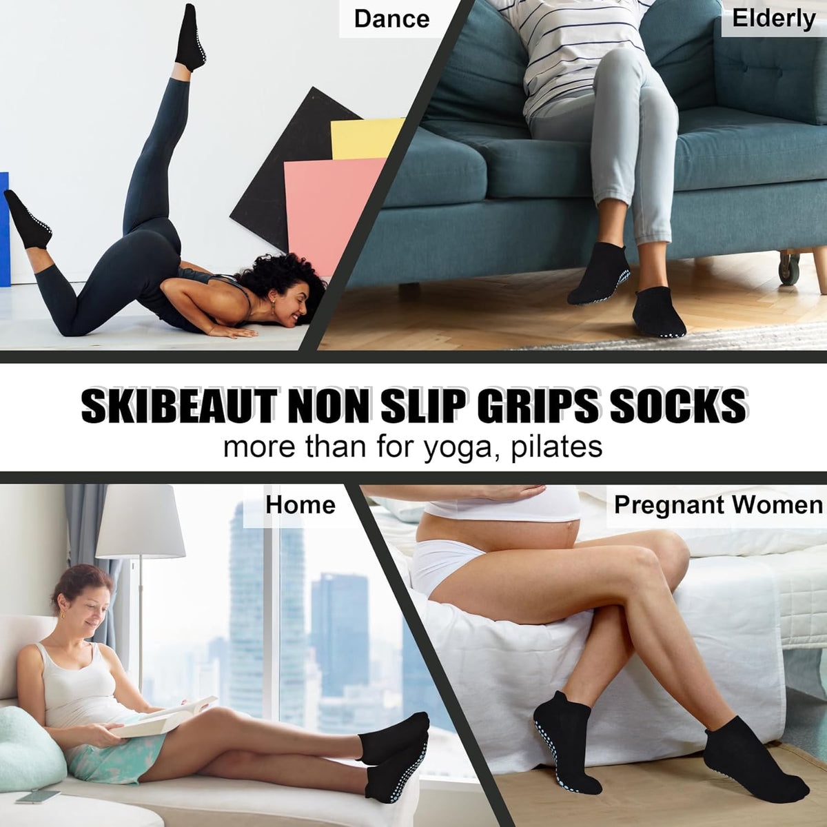 Grips Non Slip Socks for Women, 4 Pairs Yoga Pilates Anti Skid Woman Hospital Gripper Socks (5-12)