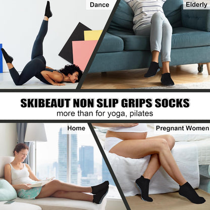Grips Non Slip Socks for Women, 4 Pairs Yoga Pilates Anti Skid Woman Hospital Gripper Socks (5-12)