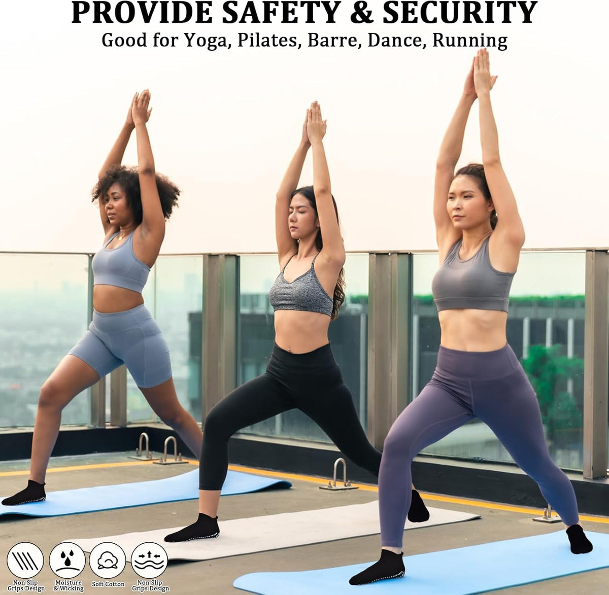 Grips Non Slip Socks for Women, 4 Pairs Yoga Pilates Anti Skid Woman Hospital Gripper Socks (5-12)