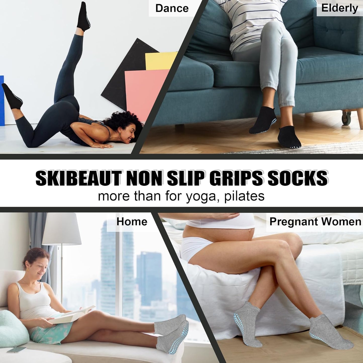 Grips Non Slip Socks for Women, 4 Pairs Yoga Pilates Anti Skid Woman Hospital Gripper Socks (5-12)