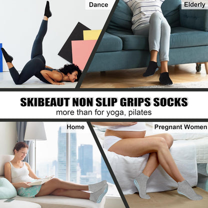Grips Non Slip Socks for Women, 4 Pairs Yoga Pilates Anti Skid Woman Hospital Gripper Socks (5-12)