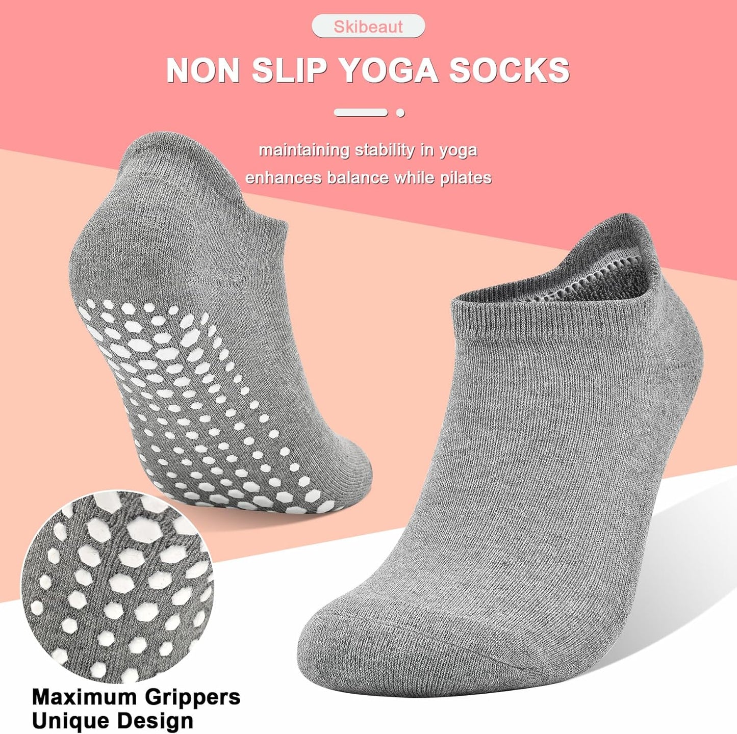 Grips Non Slip Socks for Women, 4 Pairs Yoga Pilates Anti Skid Woman Hospital Gripper Socks (5-12)